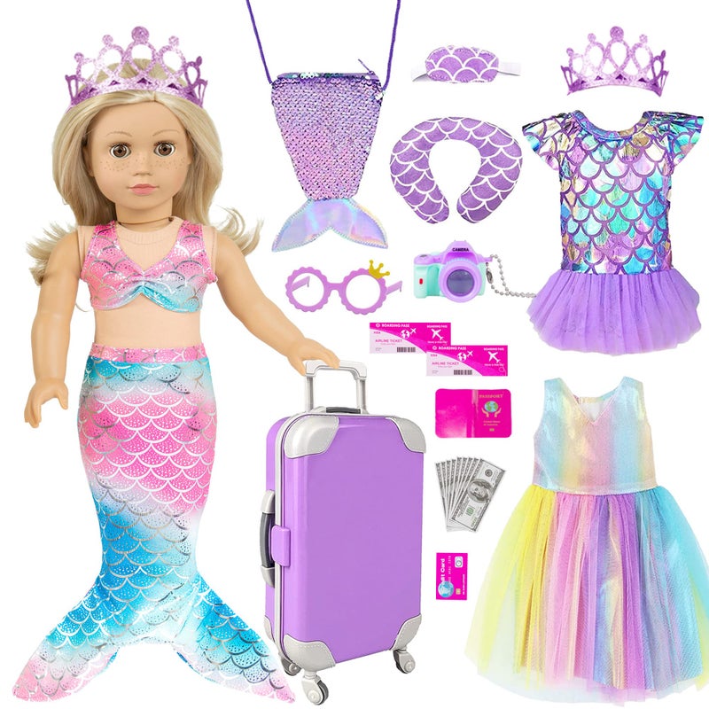 ibayda Mermaid 18 inch Doll Clothes and Doll Accessories Case Luggage Travel Play Set Include Suitcase  Dresses  Bag  Camera  Glasses  Pillow  Eyeshade Etc (No Doll) - Image 1